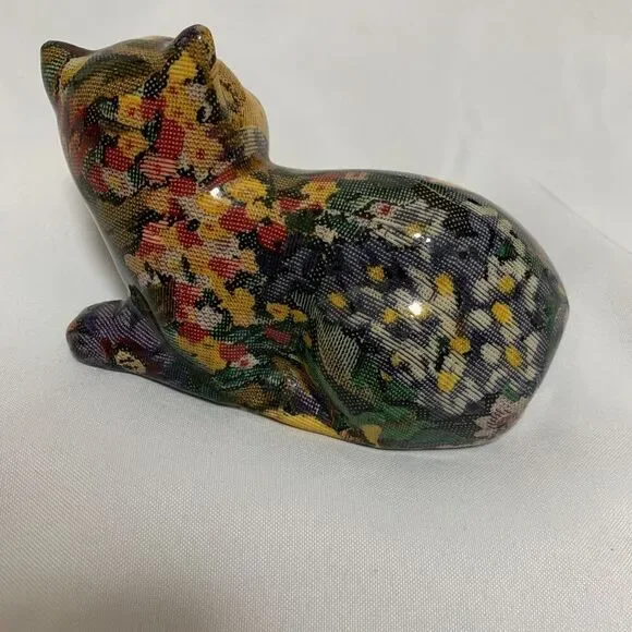 Vintage 1960's  Floral Fabric Glazed  Decoupage Cat Figurine, ceramic decorative - Picture 7 of 9